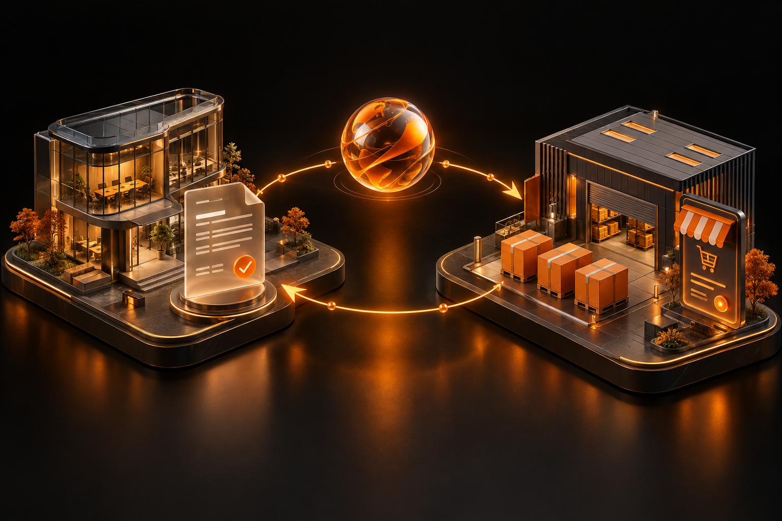 Cena 3D com uma empresa compradora e um fornecedor conectados por um circuito de pedidos